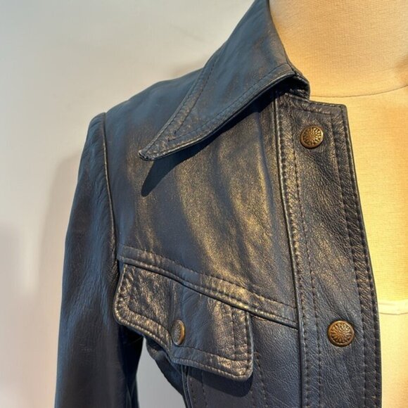 Vintage blue leather jacket snap closure shirt style fitted size S/M by Marquis - Picture 4 of 12